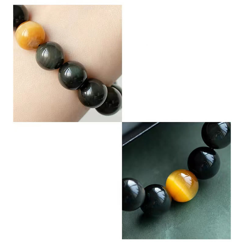 Armband Tigerauge Obsidian – Liebe mit goldenen und schwarzen Perlen elastisch