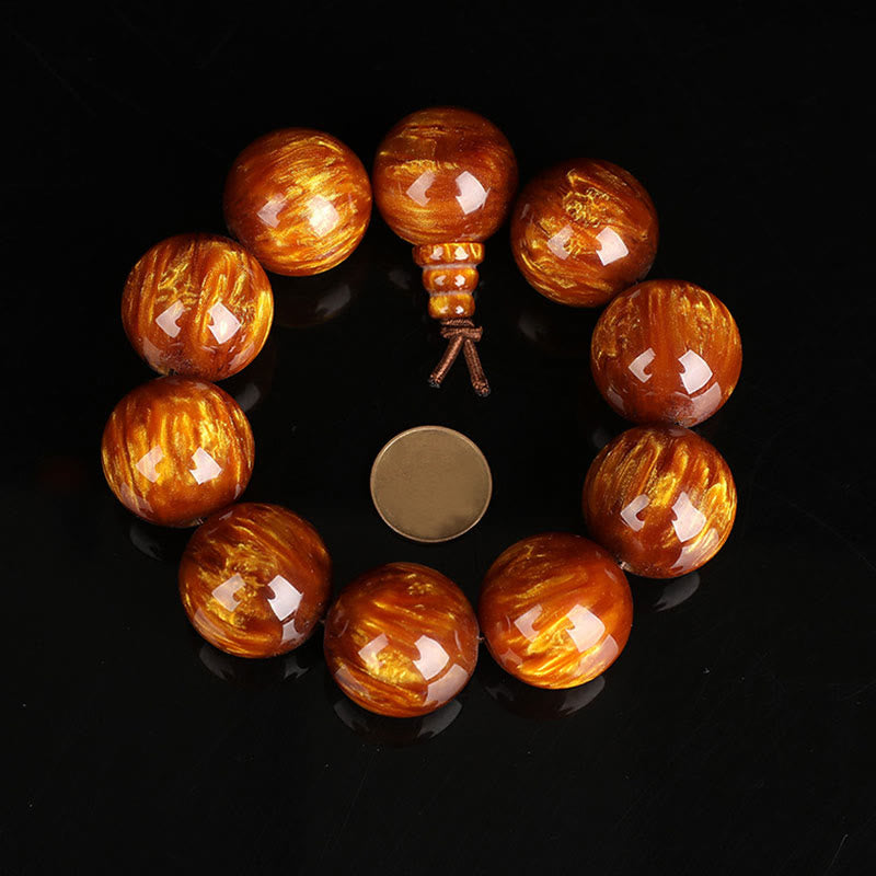 Mala – Erfolg Armband mit glänzenden bernsteinfarbenen Holzperlen Naturstein