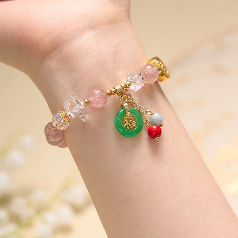 Armband Erdbeerquarz Jade Fu-Zeichen grüner Stein rote Perle Heilung