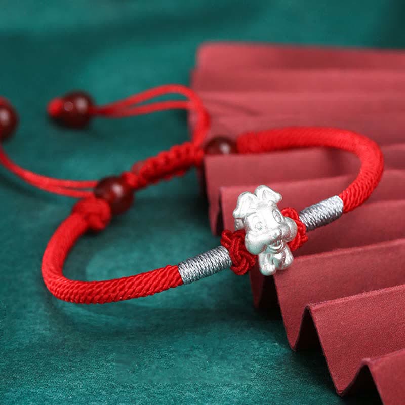 Rotes Armband 925 Silber Chinesisches Tierkreis Glück Stärke Schmuck elastisch