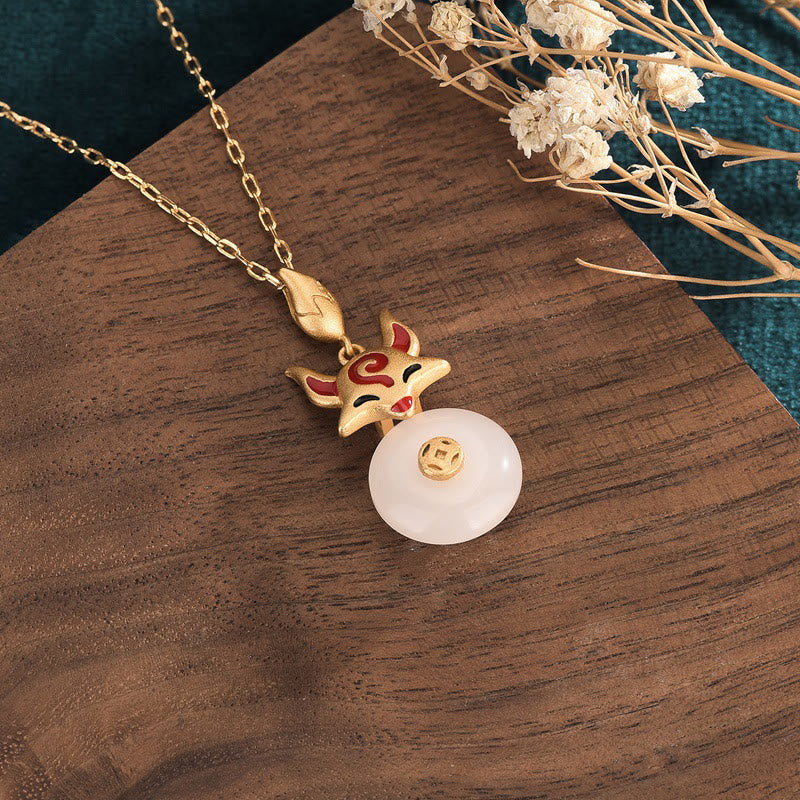 Kette, Weiße Jade, Fuchs, Kupfer, Anhänger, Gold