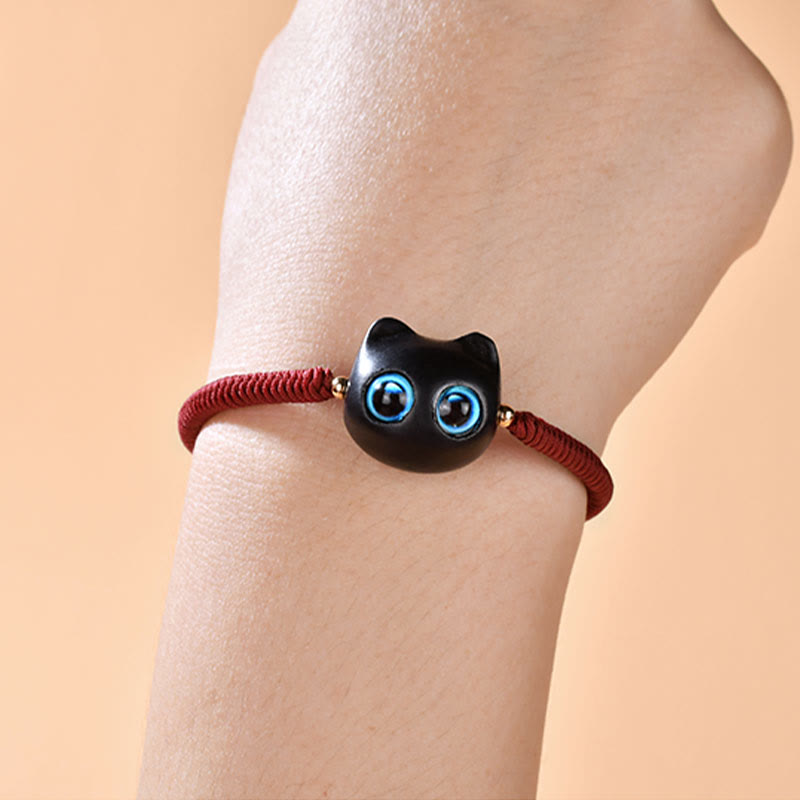 Armband Ebenholz Katze mit blauen Augen elastisch rot