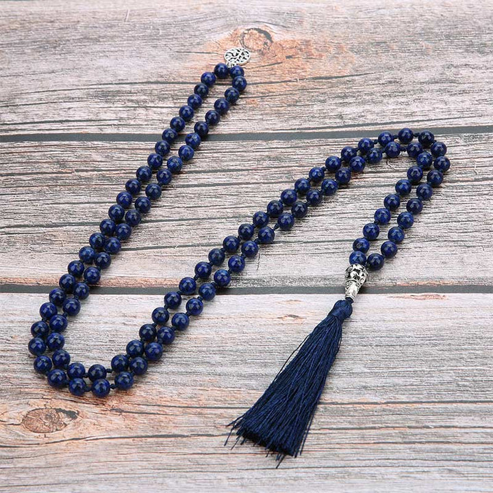 Lapis Lazuli Mala 108 Perlen Gebet Yoga Halskette Quaste Flachlage Holz
