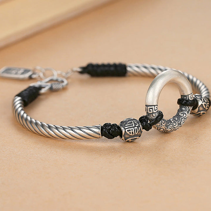 Armband 925 Silber mit schwarzen Perlen und Kupfer Fu-Zeichen Anhänger