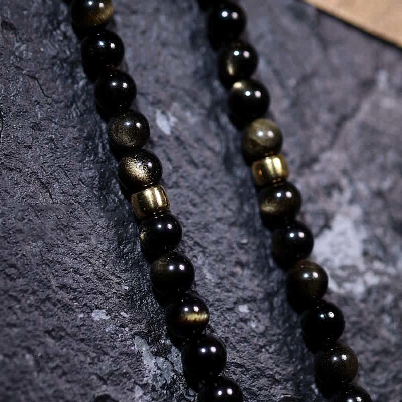 Mala Tigerauge Obsidian Armband schwarze Perlen Wohlstand Naturstein elastisch