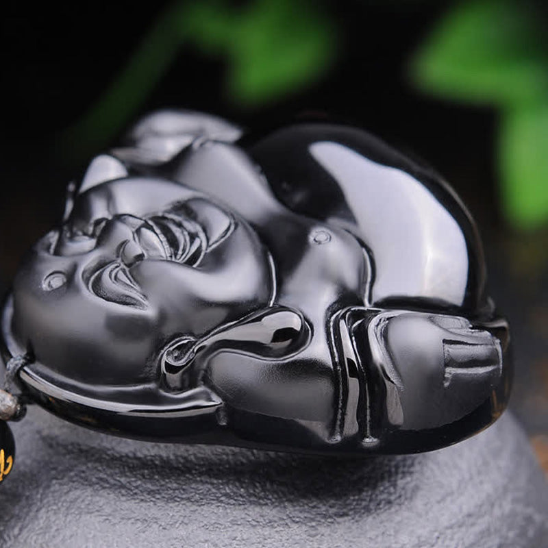 Anhänger Kette Obsidian Lachender Buddha schwarz geschnitzt