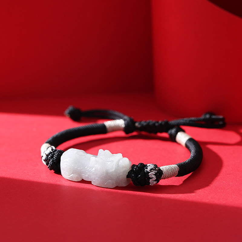 Armband Jade Pixiu Glück Wohlstand weißer Stein schwarze Schnur elastisch