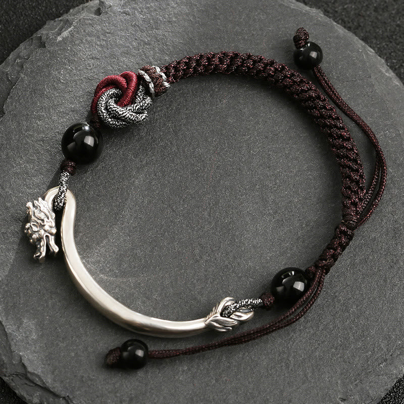Armband 925 Silber Drachen – Erfolg mit schwarzen Obsidian Perlen elastisch