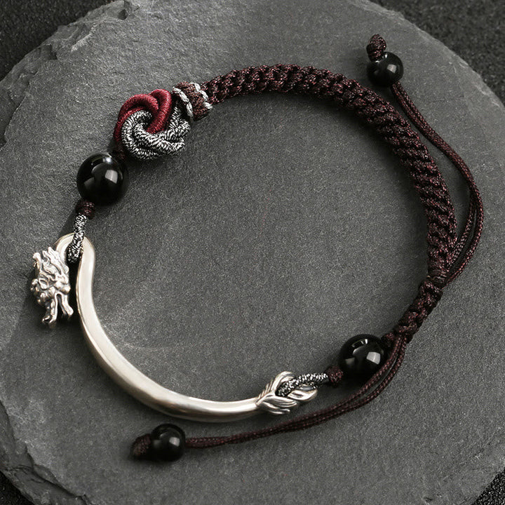 Armband 925 Silber Drachen – Erfolg mit schwarzen Obsidian Perlen elastisch