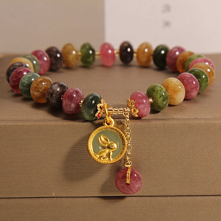 Armband Bunt Tourmaline Hase Naturstein elastisch bunten Perlen Anhänger.