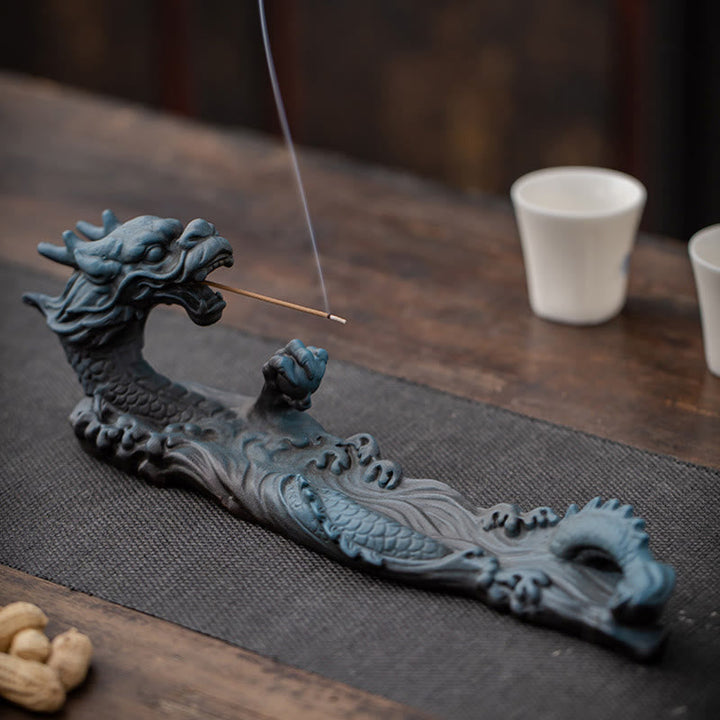 Räucherstäbchenhalter Drache Keramik Schutz Blau-Braun