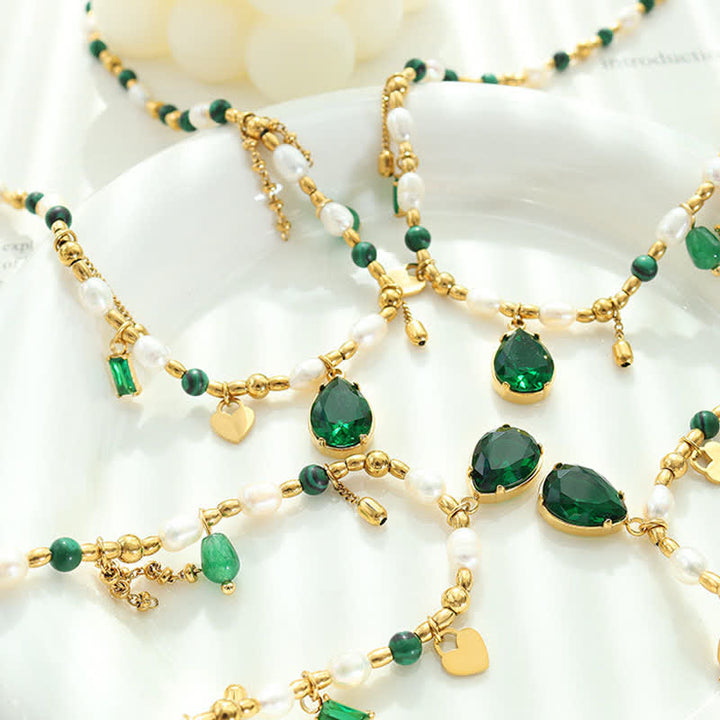 Kette Perle grün Zirkon gold Tropfen