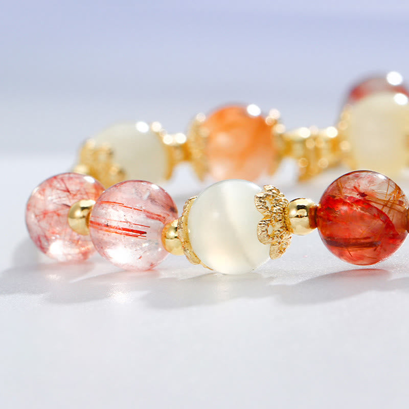 Armband Bunt Rutilquarz Katzenauge mit goldfarbenen Perlen elegant.
