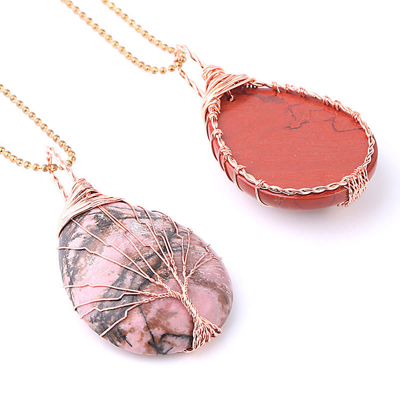 Kette Quarz Lebensbaum Anhänger Naturstein Rosenquarz Koralle Heilung Harmonie