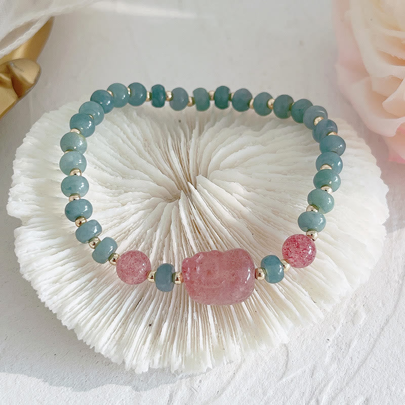 Armband Erdbeerquarz Perle Fu-Zeichen Glück Frieden Jade Perlen elastisch.
