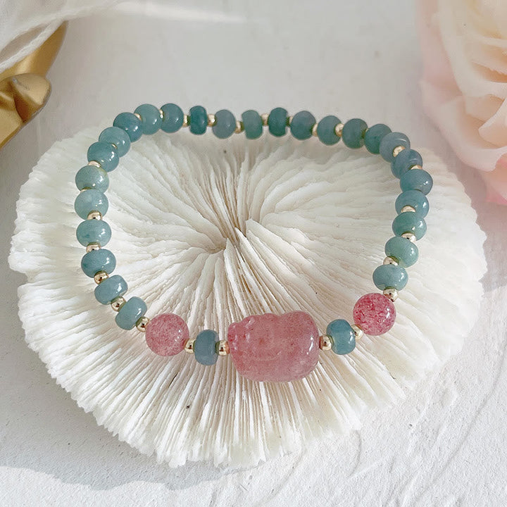 Armband Erdbeerquarz Perle Fu-Zeichen Glück Frieden Jade Perlen elastisch.