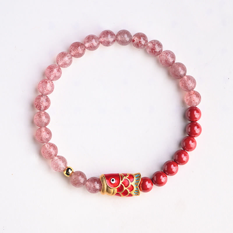 Armband Erdbeerquarz Zinnober Koi Fisch elastisch Naturstein Rosa Rot