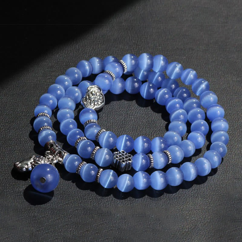Blaues Katzenauge Armband PiXiu Dreifach elastisch Naturstein silber