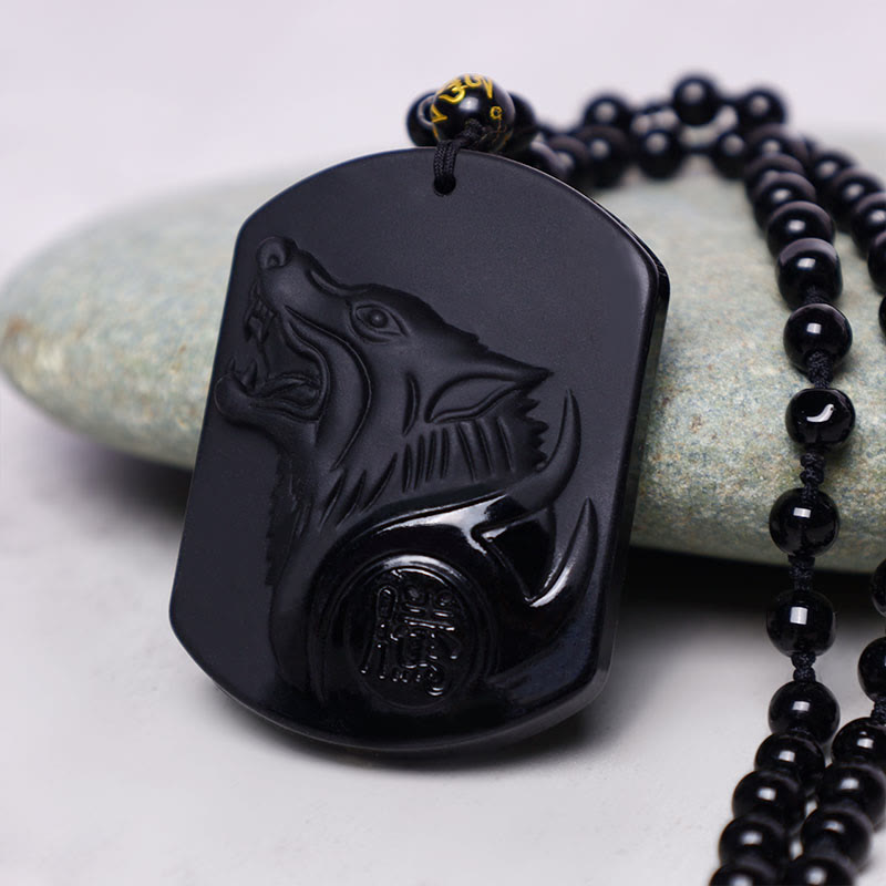 Anhänger Obsidian Wolf schwarzer Naturstein Kette Perlen Schmuck