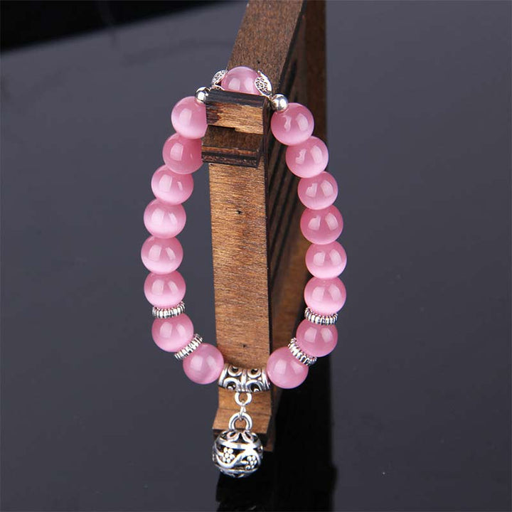 Rosaquarz Armband Katze – Glück elastisch Naturstein silber Perlen.