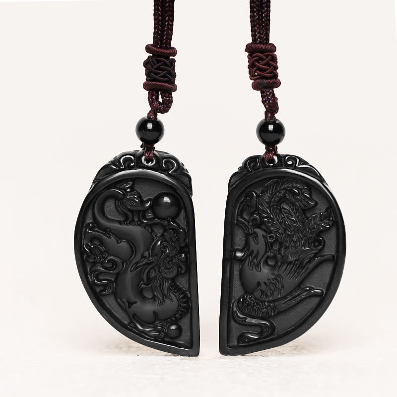 Kette schwarzer Obsidian Drachen Phönix Schutz Partneranhänger
