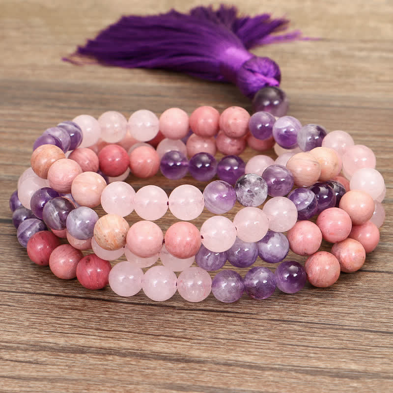 Mala Rosenquarz Amethyst Perlenarmband Heilstein rosa lila Naturstein