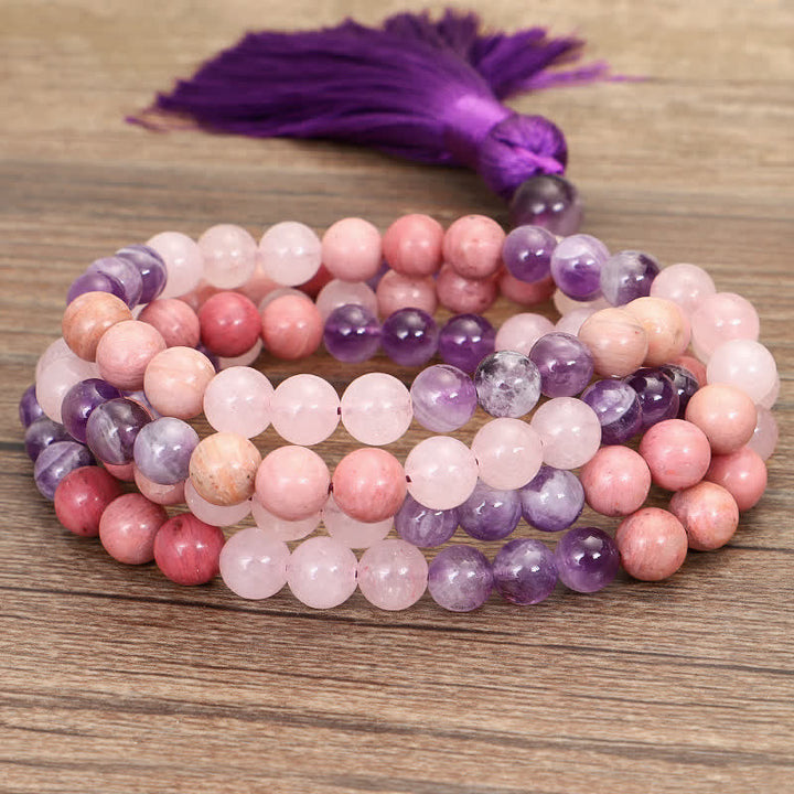 Mala Rosenquarz Amethyst Perlenarmband Heilstein rosa lila Naturstein