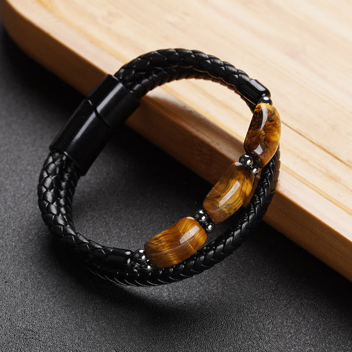 Schwarzes geflochtenes Lederarmband Tigerauge Magnetisch Schutz Naturstein