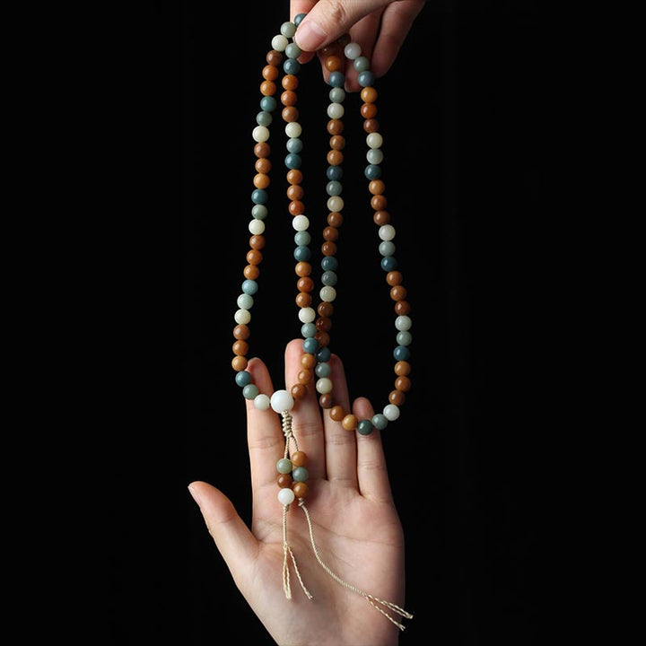 Mala Bodhi Harmonie Perlenarmband in Braun Grün Weiß Naturstein Handaufnahme