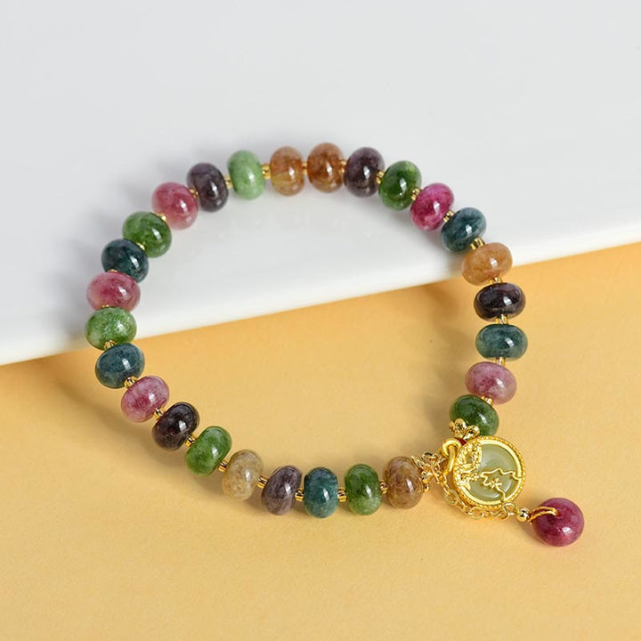 Buntes Turmalin Armband mit goldener Blume Hase Liebe Charm