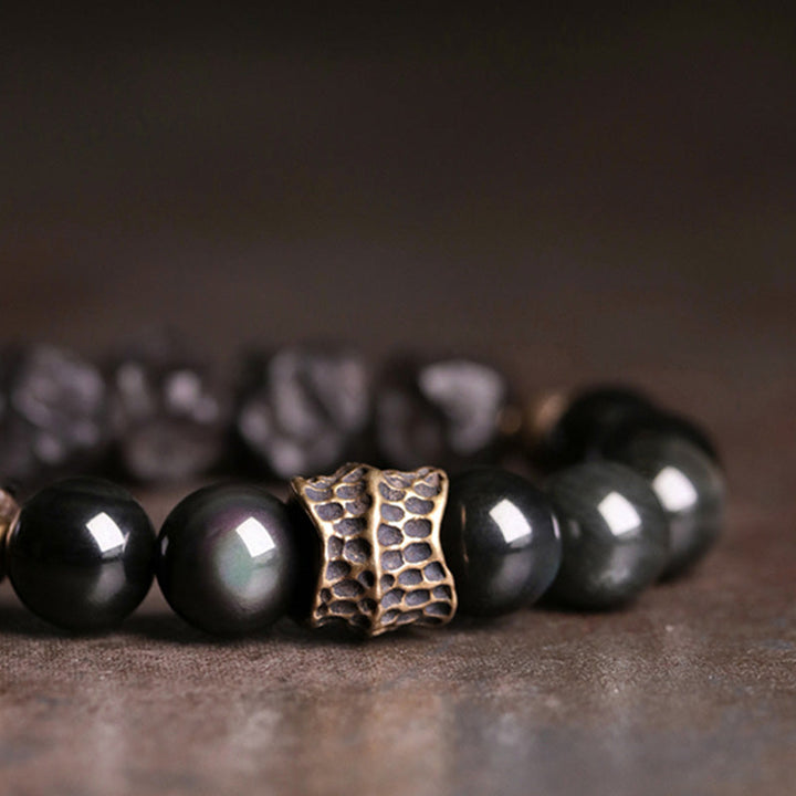 Schwarzer Obsidian Armband mit Kupfer Spacer Perlen Schmuck elegant.