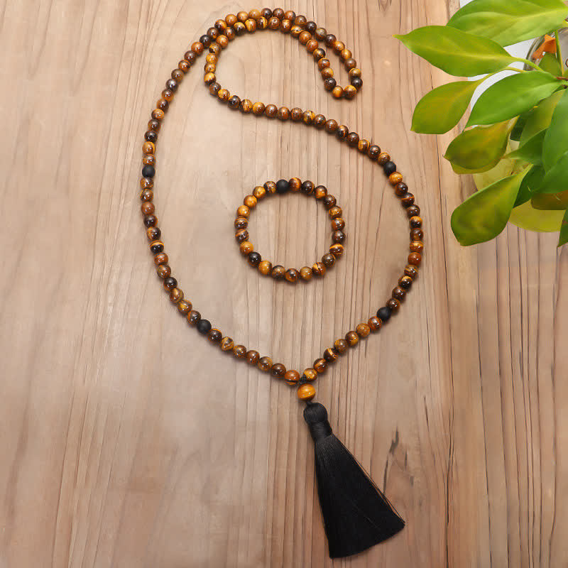 Mala 108 Perlen Tigerauge Schutz Yoga Meditationskette mit Quaste