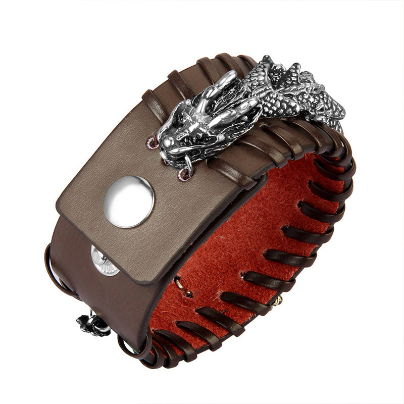 Armband Drachen aus Leder mit silbernem Drachen-Anhänger, braun rot