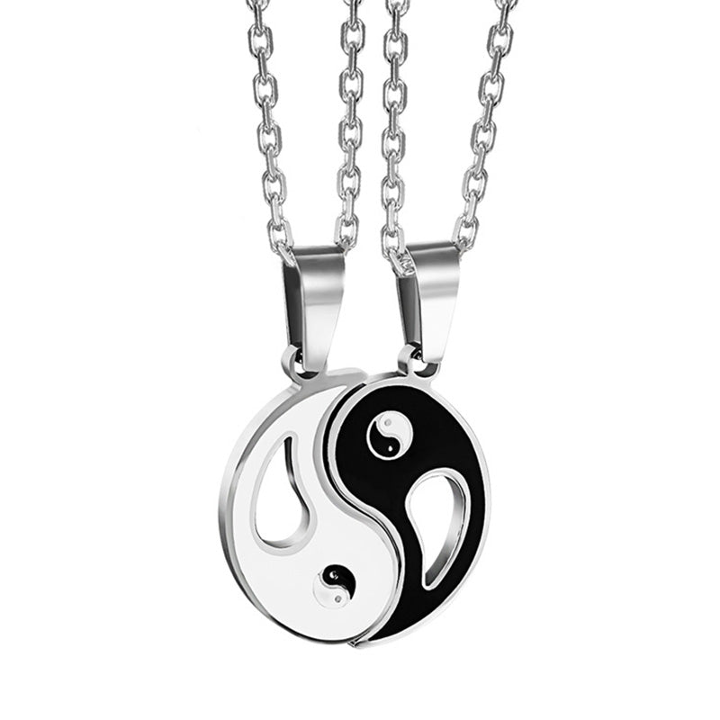 Kette Yin Yang Stein – Echter Naturstein – Yin Yang Kette Silber Anhänger zwei Teile schwarz weiß Naturstein