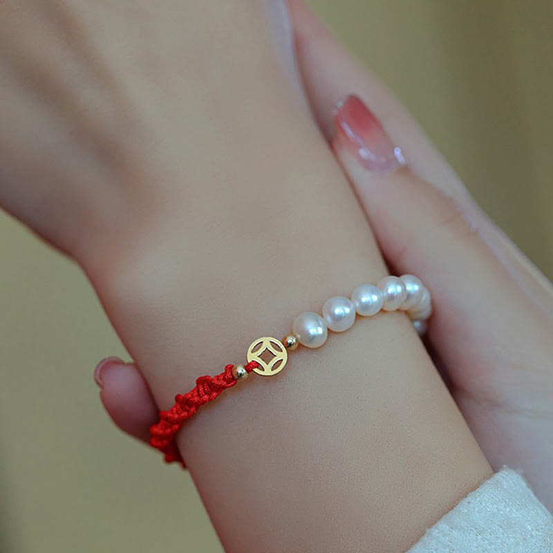 Armband Perle – Schutz & Glück rotes Seil weiße Perlen elegant
