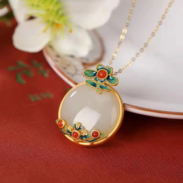 Kette weiße Jade rote Achat Blume Glück
