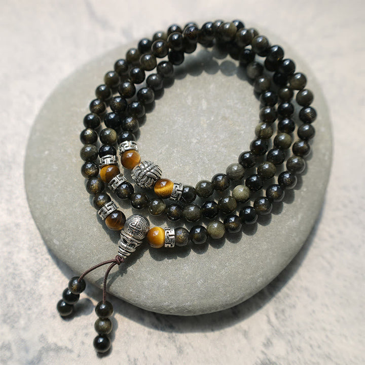 Obsidian Armband mit Tiger Eye Perlen Naturstein elastisch Energieschmuck