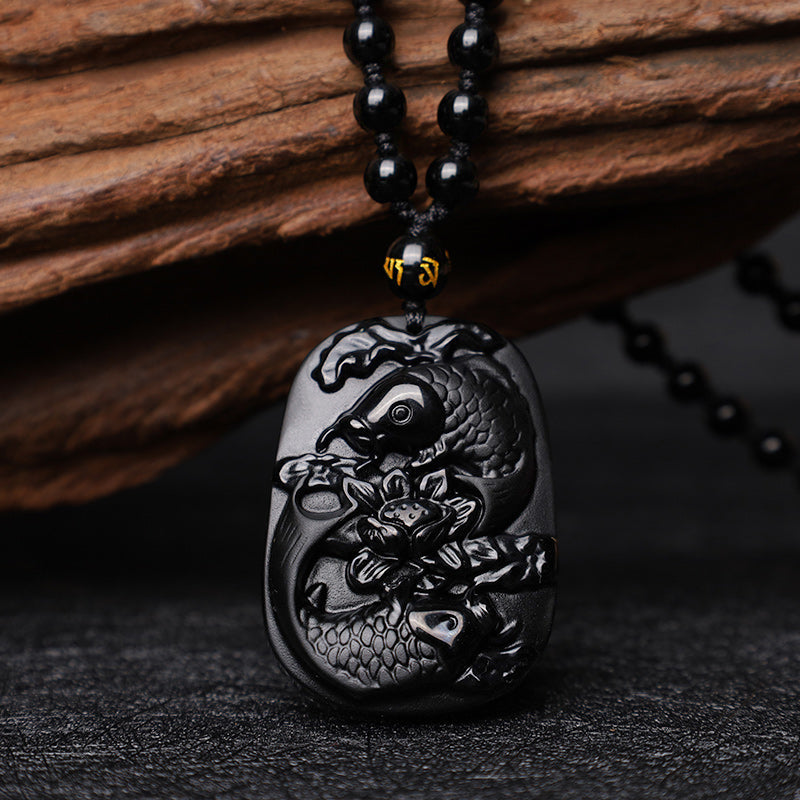 Kette schwarzer Obsidian Koi Lotus Natur