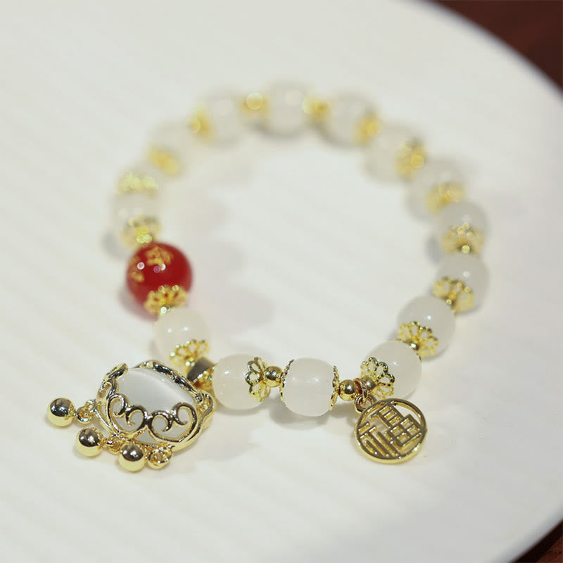Armband Fu-Zeichen Segen weiße Jade goldene Perlen rotes Auge elastisch