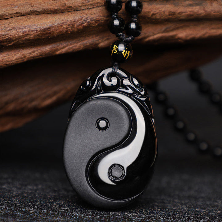 Anhänger Obsidian Yin Yang Schwarz Weiß Naturstein Kraftstein Kette