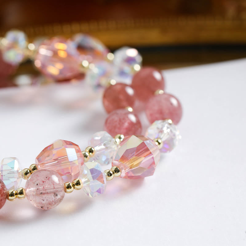 Armband Erdbeerquarz Heilung rosa Perlen Glasperlen gold glänzend