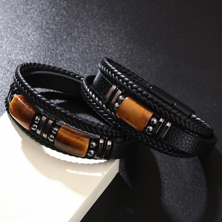 Armband Tigerauge Magnetisch schwarzes Leder Edelstahl Herrenschmuck
