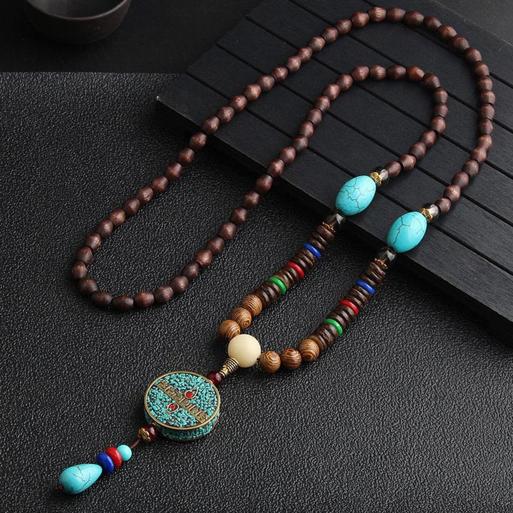 Kette Türkis Dzi Rad Holzperlen Anhänger Boho Schmuck