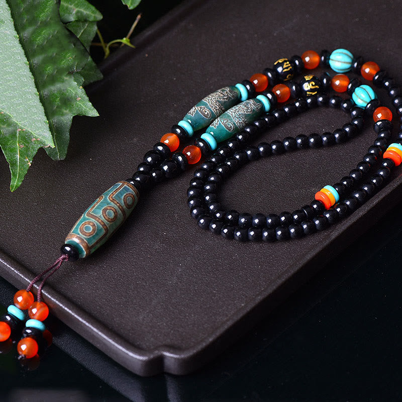 Anhänger Dzi Neun-Auge Drachen Tibet Schutz Obsidian Kette