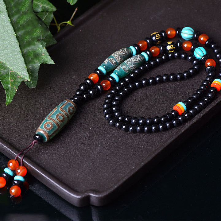 Anhänger Dzi Neun-Auge Drachen Tibet Schutz Obsidian Kette