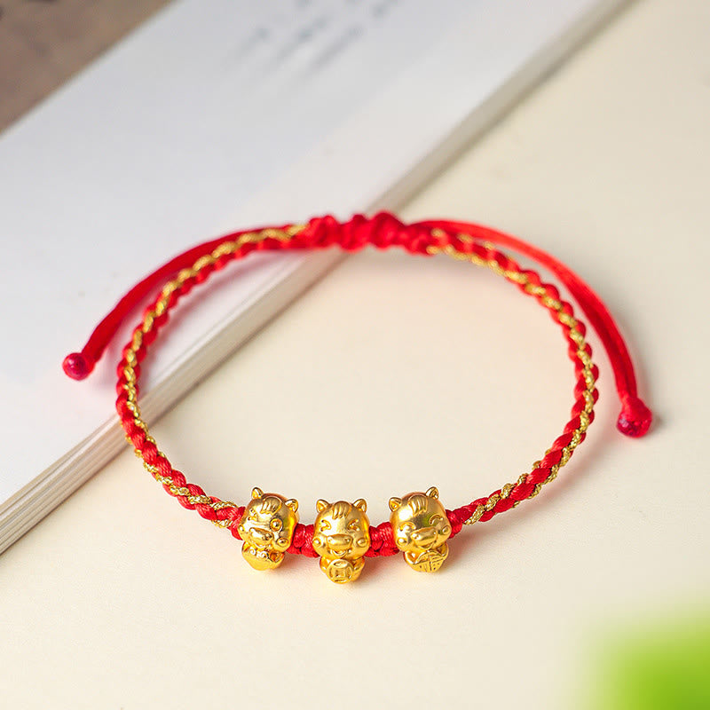 Armband 925 Silber Fu-Zeichen Wohlstand rotes geflochtenes Band goldene Tiger