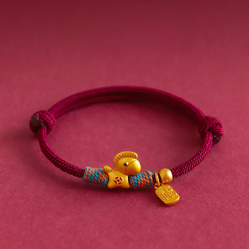 Armband 925 Silber Fu-Zeichen Energie rotes Seil goldener Anhänger Glück