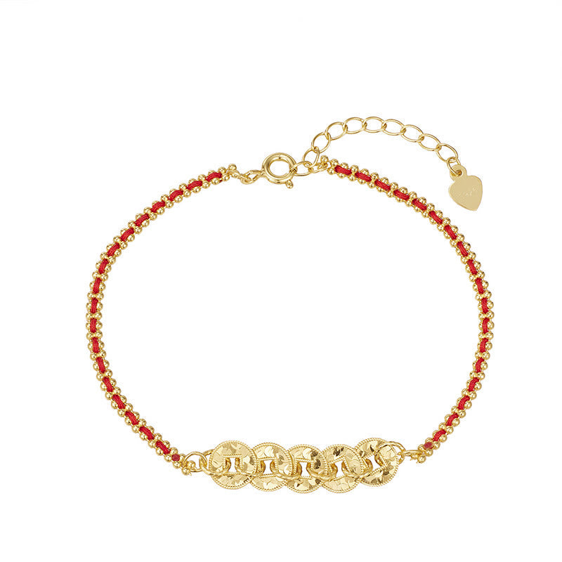 Armband 925 Silber – Balance Energie goldene Münzen rote Schnur Glück