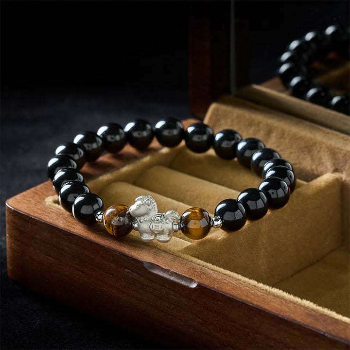 Armband 925 Silber Schwarzer Obsidian Tigerauge Pixiu Stärke Segen Schmuckbox