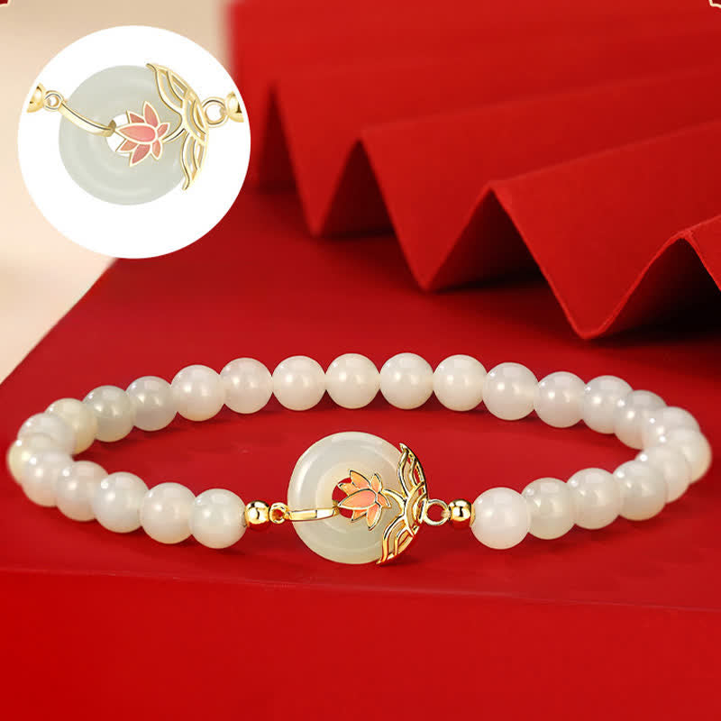 Armband 925 Silber Weiße Jade Lotus Frieden Harmonie auf rotem Hintergrund